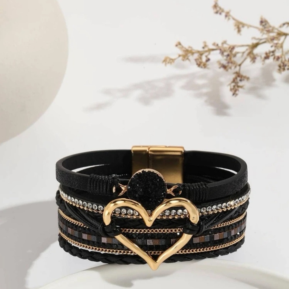 ❤️Heart Decor Rhinestone Detail Braided Bangle Bracelet